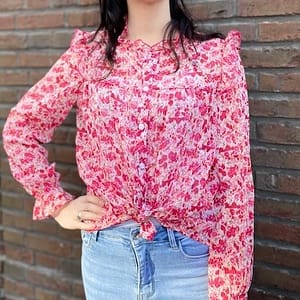 Ruffle blouse roze bloemen Stylefever