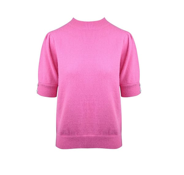 Roze trui korte mouw glitterknoopjes